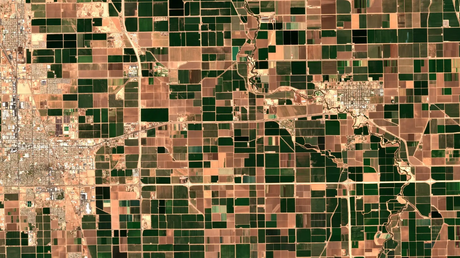 Satellite view of irrigated fields in the Imperial Valley, California, between El Centro and Holtville.
