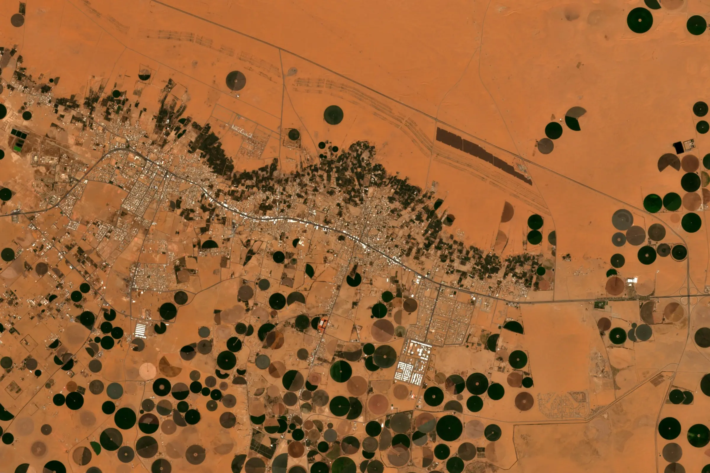 Satellite view of green centre-pivot irrigation circles scattered across orange sand around the town of Wadi ad-Dawasir, Saudi Arabia
